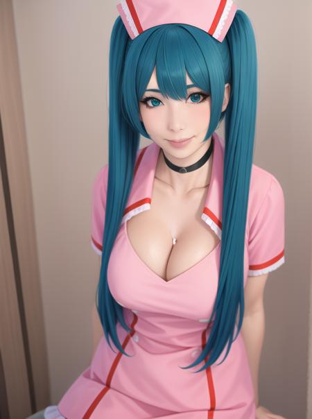 1girl, 2D, aqua_hair, aqua_eyes, dress, frills, hat, hatsune_miku, pink_lips, long_hair, large_breasts, cleavage, choker, looking_at_viewer, , nurse, nurse_cap, pink_dress, realistic, skirt, smile, solo, traditional_media, twintails, very_long_hair  <lora:nurse-miku:0.4>