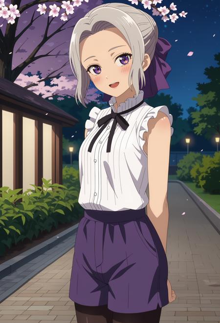 short hair, grey hair, parted bangs, purple eyes, hair bow, purple bow ShinoSchool, blazer, brown jacket, purple bowtie, buttons, long sleeves, pleated skirt, blue skirt, black pantyhose ShinoSchool, white shirt, purple bowtie, puffy short sleeves, high-waist skirt, pleated skirt, blue skirt, black pantyhose ShinoCasual, sleeveless shirt, frilled shirt, ribbed shirt, white shirt, neck ribbon, black ribbon, purple shorts, pantyhose under shorts, (black pantyhose:1.2) ShinoBikini, blue bikini, (white ribbon:1.2), small breasts