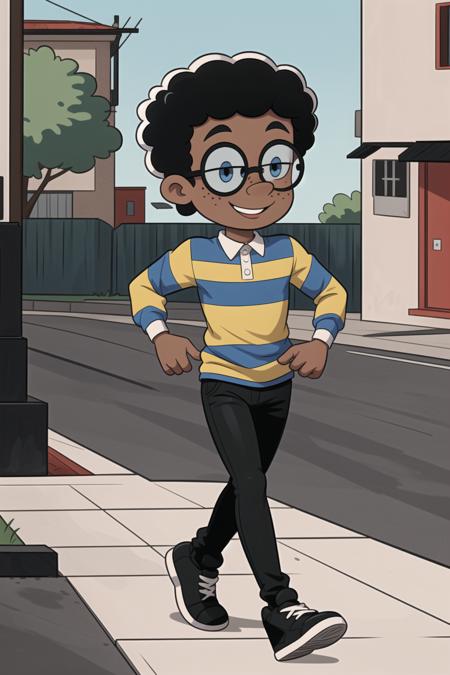 clyd3 dark-skinned male, afro, striped shirt, collared shirt, black pants, black footwear