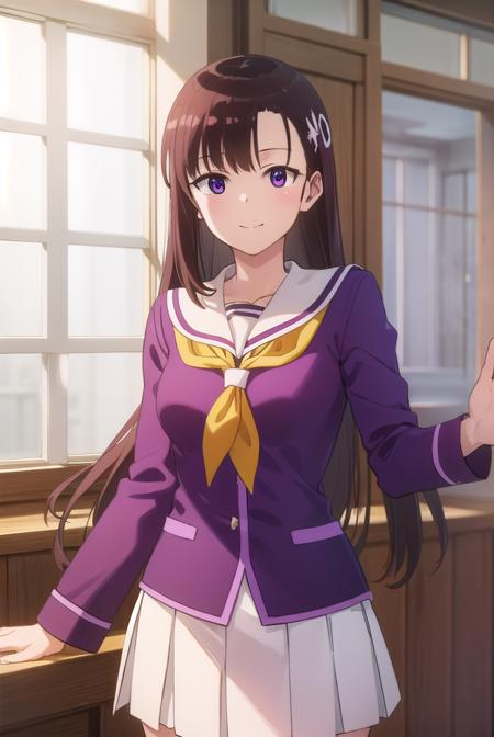 hitomihino, <lora:hitomi hino s1-lora-nochekaiser:1>,
hitomi hino, long hair, black hair, hair ornament, (purple eyes:1.1), smile,
BREAK skirt, school uniform, pleated skirt, serafuku, white skirt, shirt, purple shirt, sailor collar, white sailor collar, long sleeves, neckerchief, yellow neckerchief,
BREAK indoors, classroom,
BREAK looking at viewer, (cowboy shot:1.5),
BREAK <lyco:GoodHands-beta2:1>, (masterpiece:1.2), best quality, high resolution, unity 8k wallpaper, (illustration:0.8), (beautiful detailed eyes:1.6), extremely detailed face, perfect lighting, extremely detailed CG, (perfect hands, perfect anatomy),