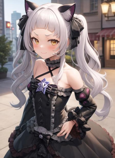 1girl,masterclass,best quality,  outdoors, city,smile,smug, twintails, animal_ear_fluff,gothic_lolita,lolita_fashion,halter dress,  cat ears,cat_girl,long dress,  halterneck, layered dress,frilled dress, center_frills,detached sleeves,  ShionGothic,closed mouth, standing,      <lora:ShionV2D8_e6:1>