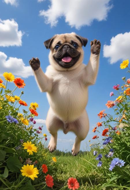 Highly detailed photograph of a pug puppy leaping through the air above a field of colorful flowers. Side view. Floppy ears, big eyes, very cute, very happy, joyful. Blue sky with fluffy clouds. Bright sun, god rays.