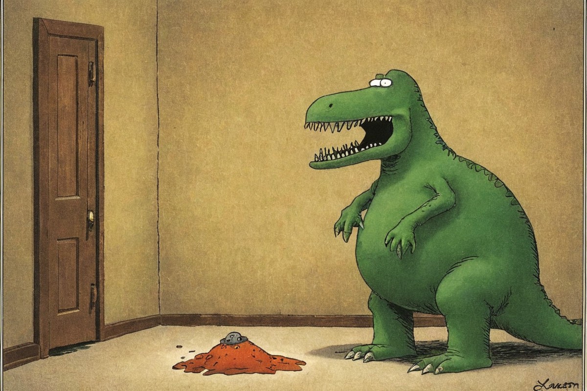 a color far side comic strip illustration of  a dinosaur, by Gary Larson,<lora:Gary_Larson_Style_XL_Color_Far_side-000005:1>