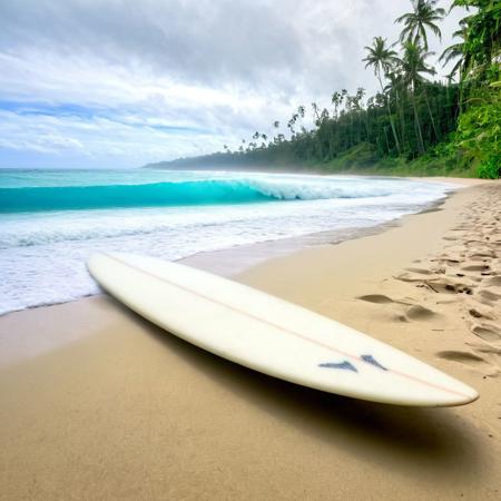 Two surfboard stuck vertically in the sand, lush tropical beach, turquoise blue water, long peeling breaking wave, coastal jungle landscape