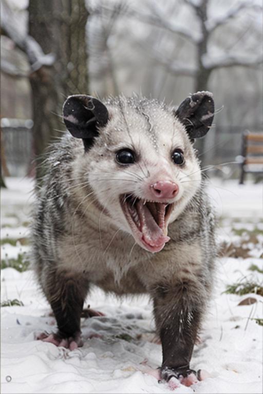 A snow-covered opossum with its mouth open, standing in a park.
