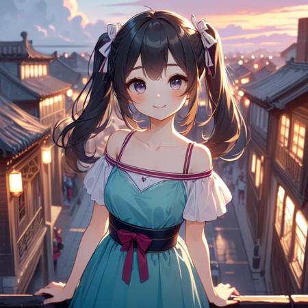 (((masterpiece))),  (((best quality))),  (((crowd in busy old street))),  wind,  cloud sky,  night,  solo,  1girl,  smile,  rosy lips,  short sleeves,  off shoulders,  (((collarbone))),  qipao hanfu mixed,  ((girl stand on top floor)),  teenager,  ribbon bunhair twintails,  petite figure,<lora:EMS-221092-EMS:1.000000>