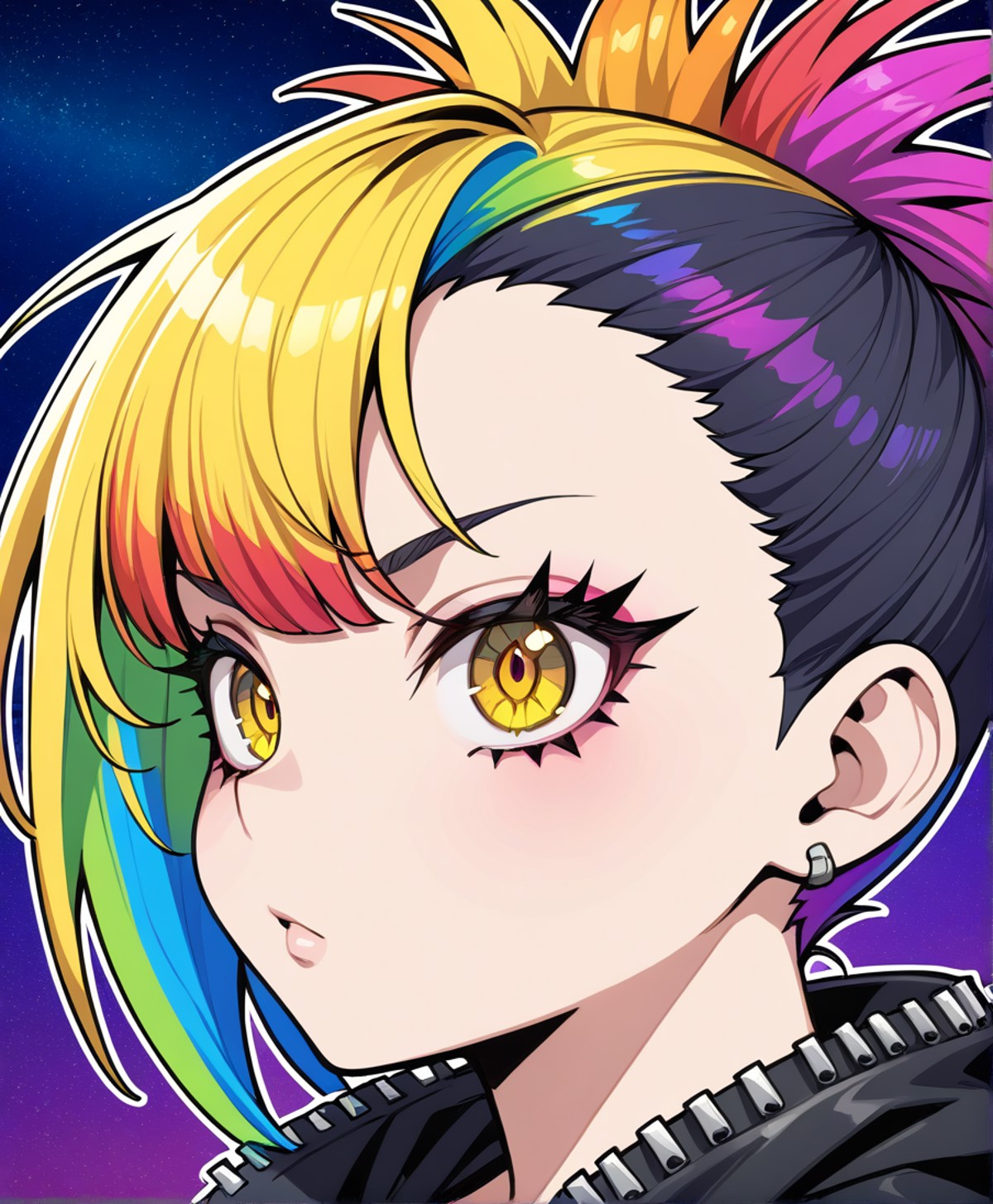 masterpiece, best quality, hires, bold, rainbow hair, yellow eyes, 1girl, solo, cool, bold, punk, portrait, thick outlines...