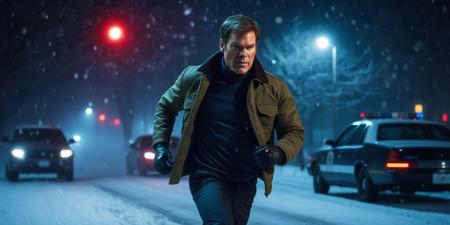 realistic photo of an old dexter morgan wearing black gloves and turtleneck and olive m65 jacket without fur, running fast, running away from the police chase, scared, angry, snowy winter, the red and blue lights of police flashers in the distance, night, low saturation, ray tracing, light and shadow play, highly detailed,film, bokeh, cinema coloring, professional, 4k, dust, glare, film grain, epic,  grainy, vignette,  Kodachrome, Lomography, stained, highly detailed, found footage