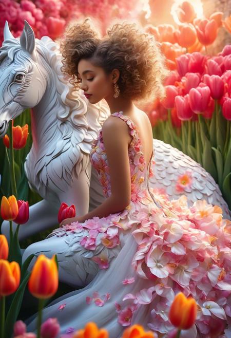 A captivating, conceptual artwork featuring a girl with curly hair sitting gracefully on a majestic creature's back. The creature appears to be a blend of animal and mythical elements. The girl's dress is meticulously crafted from delicate tulip petals, resulting in a symphony of vibrant colors that blend harmoniously with the surroundings. The lush tulip garden serves as the backdrop, exuding elegance and serenity. The soft lighting casts a romantic ambiance, while the graffiti adds an unexpected urban touch, creating a charming and enchanting scene., painting, conceptual art, wildlife photography, cinematic, fashion, graffiti, illustration, 3d render