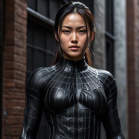 score_9, score_8_up, score_7_up, best quality, realistic, masterpiece, beautiful detail, hyperrealistic, night, ((1girl, woman body, large breast)), amazing detailed full body of a beautiful japanese girl, wearing a realistic and highly detailed black raimi spider-man suit, ((defined muscular girl)), professional model wears ultra - detailed black raimi spider - man suit, ultra - detailed and grained black raimi spiderman suit, suit covered entire body and hand, black spiderman gloves, wet, (dirty skin), close up, octane render, highly detailed, volumetric, dramatic lighting, (highest quality:1.1), (HDR:1.3), (top quality, best quality), realistic, high definition, sharp contrast between light and shadow, athletic and fit physique, highly detailed and accurate portrayal, photorealistic rendering, tense and alert atmosphere cinematic scene, cinematic lighting, intricate detail skin and facial texture, lifelike expression, accurate character design, dynamic pose, interesting and complex background details,