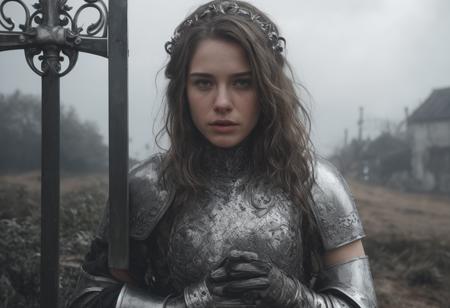 Cinematic photograph of a 18 year man wet pear shaped peasant woman in a small old village sitting on a stone fence while it's raining, he is looking furious and angry tears in his eyes and mascara flowing, eyeliner, freckles on his body ,clouds in the horizon, he is wearing a medieval (metal knight plate armor and gloves and a small silver crown:1.5), it's raining heavily, wet moving hair, black bangs hair, shallow depth of field, vignette, highly detailed, high budget Hollywood movie, bokeh, cinemascope, moody, mist, epic, gorgeous, film grain, grainy, light leak, front, god ray ,(Style-DA:1.3) dramatic pov,  <lora:Cooltones:0.5>  <lora:DreamGlow:0.3>  <lora:EnvyBetterHiresFixXL01:1>