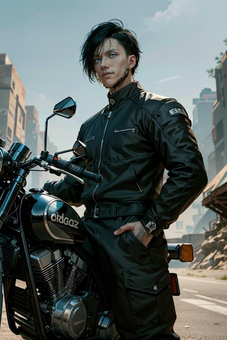 ((ultra detailed, masterpiece, best quality))
 <lora:CyberSandayuOda:0.8>
CyberSandayuOda, 1boy, solo, black hair, blue eyes, handsome, muscular, Posing by a classic motorcycle, clad in rugged biker attire, with an adventurous spirit