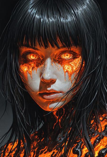 Illustration by Katsuhiro Otomo, A surreal close-up of a beautiful caucasian woman 20 years old, bob long hair black hair and white bangs; face where the skin appears to crack open like ceramic, revealing molten lava underneath. The cracks are glowing bright orange, and the person's eyes have an intense, fiery glow. The hair is a smoky black, with embers flickering at the tips. The lighting is dramatic, casting harsh shadows that enhance the molten effect. The atmosphere is otherworldly and intense, with a burning, apocalyptic feel.    <lora:FLUX-daubrez-DB4RZ:0.83> DB4RZ, DB4RZ style painting, <lora:ILLUSTRATION_2_FLUX v2:0.53> <lora:Fantastic Realism - s0_8 g4:0.43> f4nt4st1c,