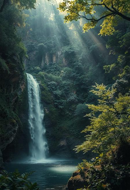 A tranquil forest oasis, serene setting, a majestic waterfall plunges down a rugged cliffside, surrounded by vibrant greenery and lush foliage. casting an ethereal glow across the scene. filtered rays of sunlight peek through the dense foliage, bathing the area in a peaceful, mystical ambiance, 
Japanese art style, Japanese ink painting, 
best quality, sharp focus, high contrast, colorful, ultra quality, 8k, best quality,