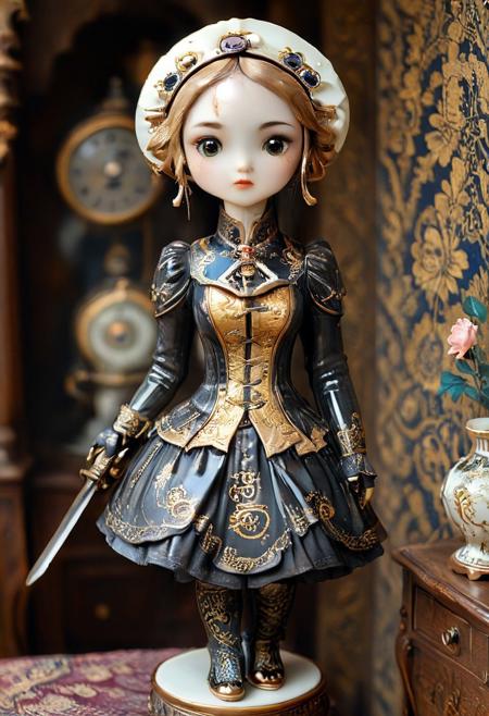 score_9, score_8_up, score_7_up, score_6_up, cartoon, ,CreepyCuteMagical , 
ceramic porcelain anthro automaton girl, mechanical joints  wearing   gold and bronze stempunk dress, holding ceramic katana, 
victorian bedroom background,
, dark theme,