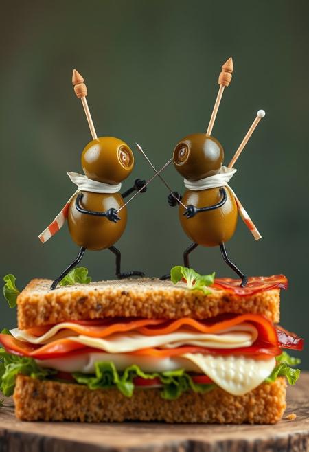 Create a hyper-realistic, hyper-detailed image of two olives engaged in a fierce fencing duel, standing atop a beautifully crafted club sandwich. Each olive wields a toothpick, expertly crafted to resemble a foil, as they face off in a battle of skill and strategy. The club sandwich, with its layers of turkey, bacon, lettuce, and tomato, serves as a majestic backdrop for the duel, with every detail meticulously rendered. Style: hyper-realistic, whimsical, humorous. Colors: rich, vibrant hues with a focus on greens and browns to convey the sense of a lively duel. Highest-Quality, 4k, Masterpiece