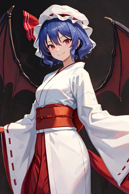 best quality, masterpiece, highres, solo, {white kimono:1.35}, {red hakama:1.35}, {wide sleeves:1.20}, {remilia_scarlet_touhou:1.15}, red_eyes, short_hair, bat_wings, wings, ribbon, hat, blue_hair, mob_cap, hair_between_eyes, hat_ribbon, bangs, smile, upper_body, red_ribbon