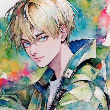 (1boy, man),upper body,blonde hair, close-up, (watercolor:1),(simple background),angle,friends, (sanpaku:1.4) <lyco:sd2ly_line:0.6>