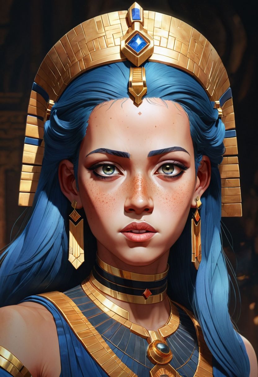 female pharao by Rossdraws, freckles, blue hair, watercolor painting by Wlop and Jan Vermeer, intricate, cinematic lighting, highly detailed, smooth, arcane, amazing beauty, complementary colors, dynamic masterwork by head of prompt engineering