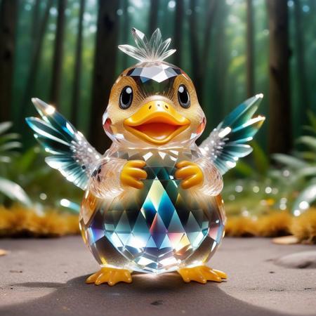 cs-cr1stal-v2, psyduck made with glass, pokemon \(creature\), no humans, solo, glasd forest background, standing, full body, hands on own head, animal focus, bird, duck made with glass, black eyes, yellow, glass feathers, looking at viewer, closed mouth, arms up.