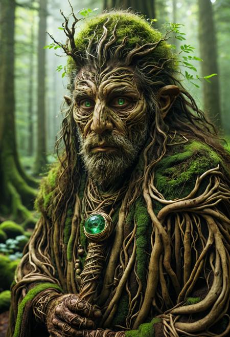 PG-TR,
a real-life photograph of a male druid made of roots, wearing tattered robes in green and earty brown tones. his hair is made of moss his skin is mostly tree bark. he is wielding a staff with a glowing green gem embedded on top. shallow depth of field, intricate detail, face focus, close up, foggy, hazy background, mysterious,
<lora:Treeroots_0_90_multi2_Handprocessed_V2:1>, masterpiece, best_quality, amazing_quality, very_aesthetic, 8k, high_quality, highres, absurdres, subject_focus,, detailed eyes, perfect eyes, realistic eyes,