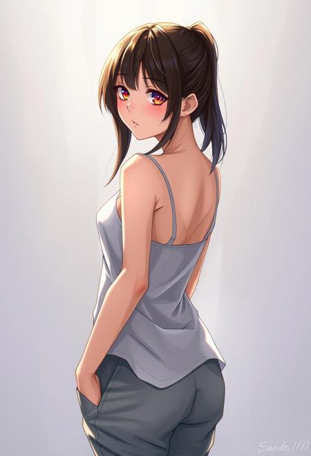 score_9, score_8_up, score_7_up, concept art, highly detailed, traditional media, 4k, Expressiveh, breack, (masterpiece), best quality, (extremely detailed face), detailed eyes, perfect lighting, detailed, deep skin, 1girls, solo, slim body,  athletic body, petite body, small body, skinny body, manjirou_sano, anime, high quality, realistic, in streat, wearing (strap white bra shirt:1.5), loose t-shirt, short pants, baggy pants, lost look, half back view , pants on, backwards, looking at the viewer, show ass
