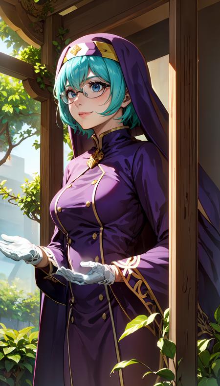 photorealistic, (4k), depth of field, (Masterpiece), (realistic skin texture), extremely detailed, intricate, hyper detailed, professional photography, bokeh, high resolution, sharp detail, best quality, woman, short hair, cyan hair, blue eyes, glasses, purple robe, purple headdress, white lining, white gloves, gold headband,  <lora:GoodHands-vanilla:0.8> , <lora:detail_slider_v4:0.8> , dynamic pose, relaxing, <lora:Welcie:0.8> , forest, raining, water reflections, flower bushes, grass,