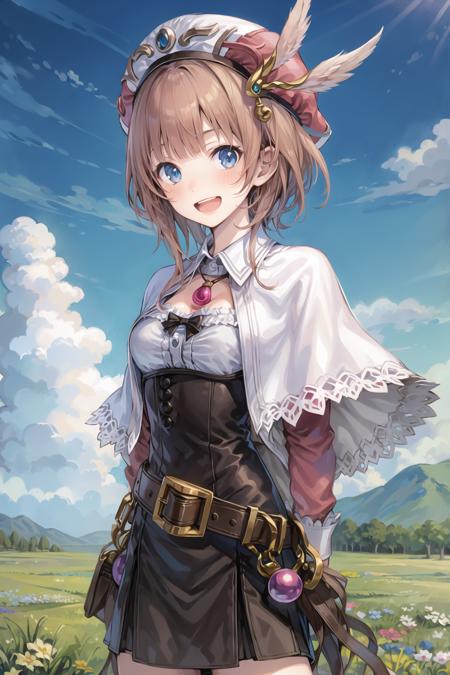 charrorona, 1girl, solo, masterpiece, best quality, smile, upper body, capelet, open mouth, hat, jewelry, standing, belt, dress, skirt, bow, blush, looking at viewer, necklace, pendant, arms behind back, outdoors, field, cloudy sky, <lora:roronav1a:0.9>