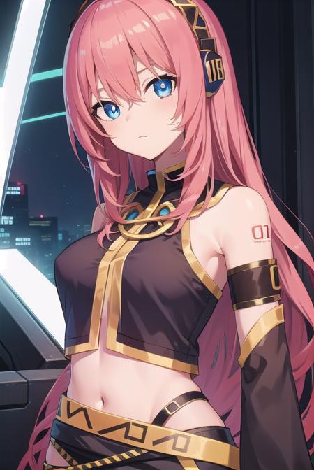 lukamegurine, <lora:lukamegurinetest:1>,
luka megurine, blue eyes, headphones, long hair, pink hair, (medium breast:1.2),
BREAK arm warmers, armband, bare shoulders, black shirt, black skirt, crop top, midriff, navel, shirt, shoulder tattoo, single arm warmer, skirt, tattoo,
BREAK looking at viewer,
BREAK outdoors, city,
BREAK <lora:GoodHands-vanilla:1>, (masterpiece:1.2), best quality, high resolution, unity 8k wallpaper, (illustration:0.8), (beautiful detailed eyes:1.6), extremely detailed face, perfect lighting, extremely detailed CG, (perfect hands, perfect anatomy),