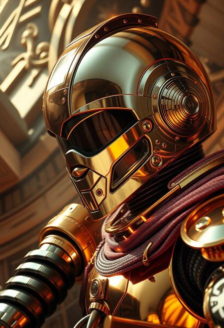 Avant-garde , 1970s futurism, chrome and gold, ultra high tech helmet and weaponry,detailed background, dynamic angle, volumetric lighting, godrays