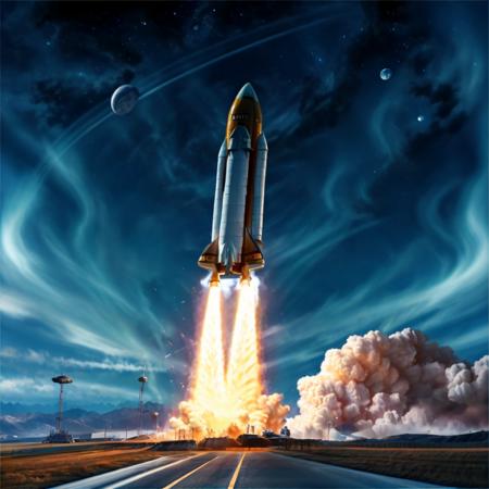 Rocket,  missile, airplane, space, planet, no humans, cloud, sky, flying, star_\(sky\), city, science fiction , super-reaslitic, 8k, best quality, moon,  <lora:rocketStart:0.95>