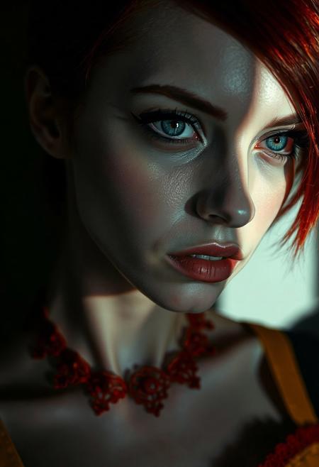Photorealistic close up portrait of a young dangerous woman with striking features . She has a perfect white skin tone and short red hair, with a bold, edgy style. Her eyes are a deep blue and almond-shaped.  Her fair skin is accentuated by the contrast of light hitting one side of her face, Her makeup is gothic, bold and dramatic, with dark eyeliner, mascara, . lace red choker, cleavage, yellow corset, , sultry, seductive, blending gothic elegance with a soft, vulnerable expression. The background is silhouetted, creating a dramatic and mysterious atmosphere . there was a weight in her gaze, something ancient and heavy, that made her beauty as unsettling as it was captivating,