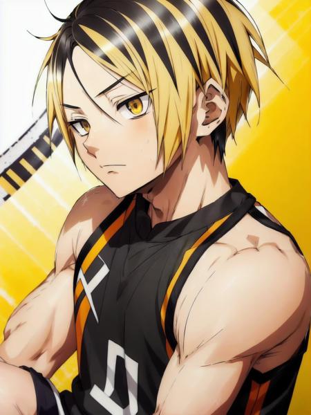 <lora:KenmaKozume:0.7> ,high res, masterpiece,Kenma Kozume, ((1boy,)) ((1man)) black_hair (blonde_hair) looking_to_the_side male_focus multicolored_hair short_hair solo sportswear sweat sweatdrop twitter_username tying_hair upper_body volleyball_uniform white_background yellow_eyes