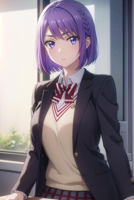 neneodagiri, <lora:nene odagiri s1-lora-nochekaiser:1>,
nene odagiri, short hair, (purple eyes:1.1), purple hair, braid,
BREAK skirt, bow, school uniform, jacket, pleated skirt, plaid, plaid skirt, blazer,
BREAK indoors, classroom,
BREAK looking at viewer,
BREAK <lyco:GoodHands-beta2:1>, (masterpiece:1.2), best quality, high resolution, unity 8k wallpaper, (illustration:0.8), (beautiful detailed eyes:1.6), extremely detailed face, perfect lighting, extremely detailed CG, (perfect hands, perfect anatomy),