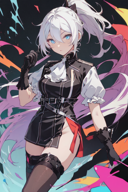 KianaPromare, 1girl, solo, long hair, white hair, blue eyes, hair ornament, thighhighs, black gloves, dress, hair between eyes, ponytail, short sleeves, single thighhigh, asymmetrical gloves, mismatched gloves, 