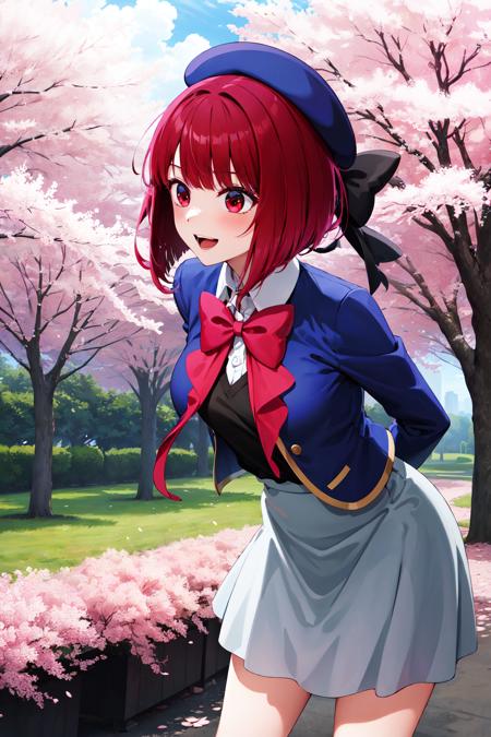 aakana, short hair, beret, red eyes, blue headwear, red bowtie, collared shirt, blue jacket, open jacket, long sleeves, grey skirt aakana, short hair, mini hat, head tilt, red eyes, jewelry, brooch, white ascot, frills, red shirt, short sleeves, pink gloves, black skirt