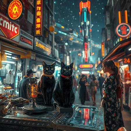 Setting is a futuristic cyberpunk street market at night full of cat people coming and going, the market is comprised of street vendors selling robot parts, food, weapons, and robots. People wearing futuristic cyberpunk clothing are walking through the street market shopping and eating, A sleek black cat with red collar sits on a cluttered metal riveted desk with transparent top and micro-LED lighted computer components visible inside, On the desk is an ebony and gold maneki neko statue and futuristic art deco lighting, (((a beautiful cat person, 24 years old, is standing in the foreground FACING THE VIEWER, she has an expression of interested curiosity)))))), the sleek black cat with red collar is sitting on the desk and watching the people walking by in the busy street market, the cat woman is dressed in futuristic cyberpunk ECLECTIC style yukata with a low neck line alluring aesthetic. An enormous art deco inspired starship with futuristic lighting and an enormous space station are visible in the background among the stars, Artistic cyberpunk, dynamic perspective, (((overall architectural aesthetic is Art Deco Cyberpunk))).  Epic image that elicits a feeling of wonder and awe, (((((CLASSICALLY STYLIZED LIGHTING AND ARCHITECTURE FROM CHINA INDIA JAPAN FRANCE EGYPT ROME AND GREECE))))),