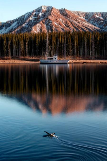 masterpiece, best quality, ultra-detailed, realistic, 8k, RAW photo, distant-view, (fisherman fishing troubles on small boat in the middle of the lake, small fish were flying on the water around the fisherman:1.37), eagle on distant trying to catch the fish, emphasize some little birds flying around, award winning realistic photography, morning, a bit cloudy, scenery photography, perfect shadow, perfect natural lighting, rich colors, perfect composition, perfect colors, flawless complexion photo, perfect intricate detailed, lakes, surreal, lifelike, real life scenery photo, top quality, trending on artstation, meadows, glitter, prettiest landscape, all kinds of flowers, flowers field, pine tree, fantastic, stunning, outstanding, finding nemo, breathtaking beautiful nature photo, out-of-this-world scenery, perfect reflection on water, depth of field, fisherman best day, detailerlora,
