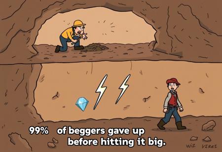 A split image of two miners digging underground, one above the other, with one miner on top frantically digging towards a wall, and the other at the bottom looking disappointed, walking away. In the place of diamonds, there are buzz lightning bolts just ahead of them, behind a thin dirt wall set in a cartoony style. text caption:"99% of beggars give up before hitting it big"