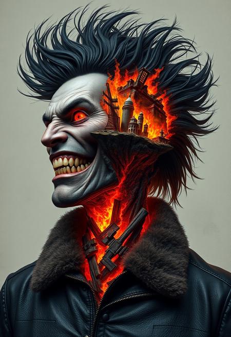Subject: Surreal male figure with a cityscape and fire emerging from his head
Hair: Wild, windswept black hair with exaggerated spikes, adding dynamic energy
Face: Half-formed with a sinister grin, sharp teeth, and glowing red eye, exuding menace
Cityscape: Miniature burning city integrated into his head, with flames, smoke, and crumbling buildings
Neck: Melting into lava and embers, seamlessly blending with the cityscape above
Clothing: Heavy leather jacket with fur-lined collar, detailed texture, dark tones
Lighting: Warm orange and yellow glow from the flames, contrasted with the dark figure and neutral background
Atmosphere: Intense, apocalyptic, and surreal, symbolizing destruction and chaos
Mood: Powerful, ominous, and unsettling
Style: Hyper-realistic surrealism with intricate details and dramatic contrasts