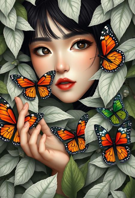 This detailed digital illustration portrays a closeup of a woman with fair skin and sleek, black hair styled with blunt bangs, exuding an ethereal charm. Her large, almond-shaped eyes carry a soft, dreamy expression, while her slightly parted lips suggest quiet wonder. She is enveloped by a dense background of intricately detailed white leaves, with varying shades of green and subtle brown accents, creating a lush, organic texture that fills the frame. Surrounding her are vibrant butterflies, each uniquely detailed and bursting with color. A striking orange-and-yellow butterfly with bold black and white markings flutters near her, while another in vivid red and black adds depth. A third butterfly, blending hues of green and blue, completes the whimsical tableau. The woman's delicate hands emerge gracefully from the foliage, fingers slightly spread as if reaching to gently touch the butterflies, creating an intimate connection between her and the natural elements. Her fair skin blends seamlessly with the leafy surroundings, enhancing the dreamlike quality of the scene. The composition combines realism and fantasy, showcasing meticulous detail, vibrant colors, and a harmonious interplay of nature and human form, resulting in a visually captivating and enchanting artwork.