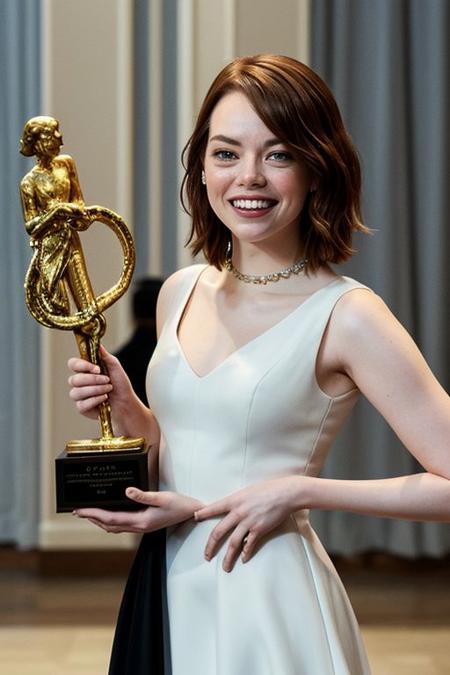 (masterpiece, 8k, detailed face), Emma Stone wearing a white dress, holding a statuette, crying happy tears