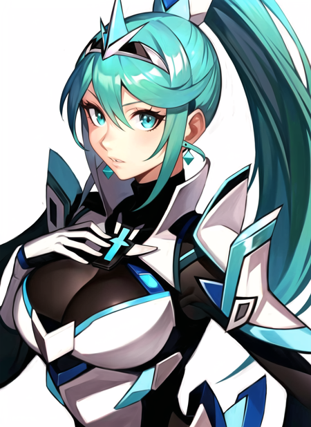 hungry clicker, pneuma \(xenoblade\), 1girl, armor, bodysuit, breasts, chest jewel, earrings, green eyes, hair between eyes, jewelry, large breasts, long hair, looking at viewer, parted lips, ponytail, solo, swept bangs, tiara, very long hair <lora:hungry_clicker_offset:1> <lora:mythra_pyra_pneuma:0.4>