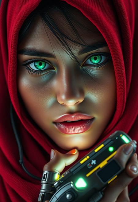 Photorealistic cyberpunk close-up portrait of a Muslim teen woman inspired by the Afghan Girl photo. She has smooth dark skin, full lips enhanced with makeup that complements the deep red  hijab and the intensity of her piercing green cybernetic eyes that glow faintly. Her eyes are highly detailed, glowing subtly with intensity under neon reflections. She now wears a textured deep red hijab, draped loosely around her head and shoulders, with strands of black hair peeking out naturally.
In her cybernetic hand, she holds a compact glowing handheld computer, actively