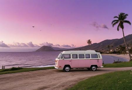 (1979 Volkswagen Type 2), Caravelle, motor vehicle, vehicle focus, no humans, outdoors, sky, cloud, water, island, ocean, purple sky, gradient sky, shore, beach, sunset, bird, grass, mountain, blue sky, hill, field, building, sand, cloudy sky, river, road, watercraft, rock, house, day, waves, flower, star \(sky\), pink sky, boat, palm trees, wooden pier, driving, horizon, mountainous horizon,