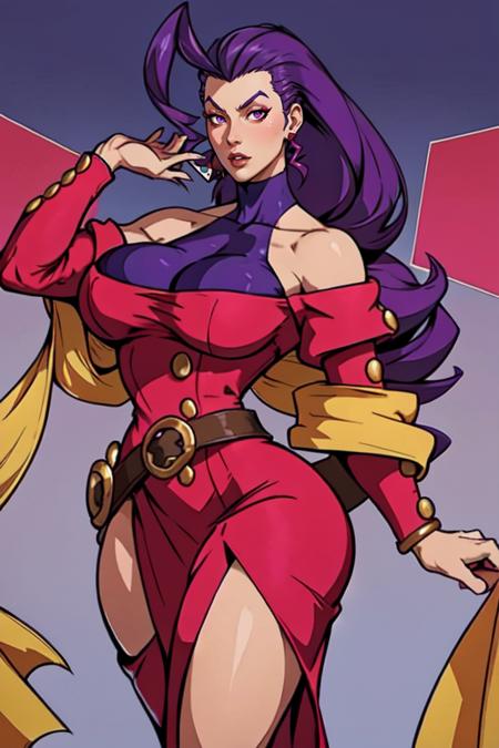 masterpiece,best quality,extreme detail,8k,<lora:ROSE:0.8>,rose2,1girl,solo,long hair,breasts,large breasts,dress,holding,purple eyes,purple hair,ahoge,detached sleeves,belt,signature,off shoulder,scarf,lips,clothing cutout,makeup,halterneck,red dress,pink dress,shawl,card,off-shoulder dress,shoulder cutout,hair slicked back,huge ahoge,hagoromo,single hair intake,