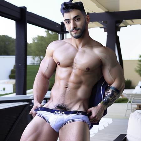 Arad Winwin, awinwin, solo, looking at viewer, short hair, black hair, 1boy, navel, navel hair, underwear, nipples, male focus, tattoo, muscular, facial hair, abs, pectorals, muscular male, mature male, male pubic hair, bara, beard, realistic, arm tattoo, forearm tattoo, male underwear, red underwear, undercut, briefs, photoshoot, high quality, <lora:awinwinV1-768-30E:1>