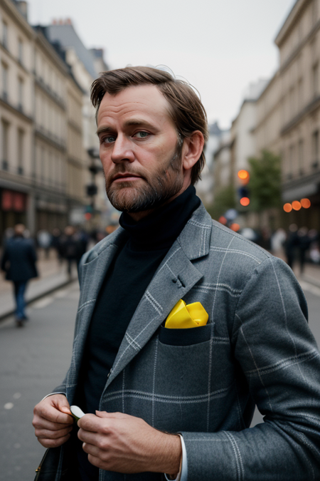 UlyssesSGrant, (upper body, man with a neon sign in the background, ((plaid wool jacket, turtleneck)), character album cover, psychedelia style, joy, promotional photoshoot, Vogue magazine cover style, promotional render), Paris street background