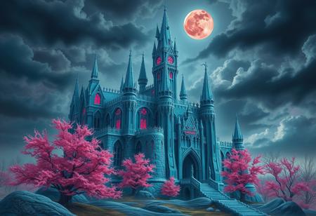 castle, living crystal castle, blue flesh with pink veins, detailed , hr giger, lovecraft, pink trees, blood moon, dark clouds,