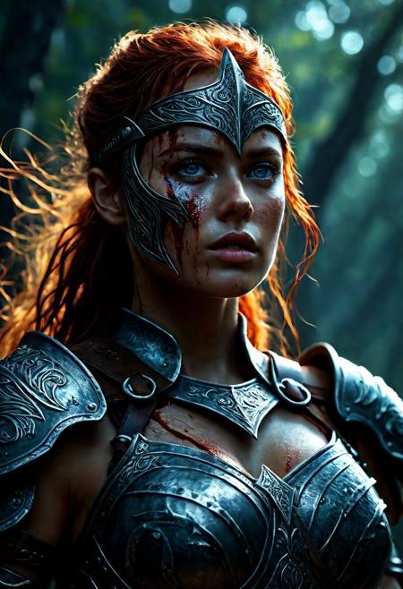 Ultra detailed digital art masterpiece Warrior Viking girl dressed in a iron Armor, Standing on a battlefield at the head of an army of knights, where a bloody slaughter is taking place, standing in battle pose, a dark epic fantasy, perfect lighting, beautiful Sadie Sink as Warrior Viking girl, attractive woman, elegant, beautiful woman of athletic body, unreal engine 5 nanite quality, mixed with dark elements, dark environment, very stormy day, LOTR style, dark washed out eyeliner, no make up, natural bloody pale face, realistic blue eyes, ultra detailed atmospheric details, beautiful glowing effects, sparkle effects, realistic body proportions, beautiful face proportions, complex masterpiece, wavy red hair, creative glowing detailed tattoos, complex physics, enhanced colors, complimentary colors, ultra detailed raytracing reflections, Ultra detailed complex background, environment feels alive, direct eye contact, dramatic lighting, wet and sweaty skin, beautiful firm Breasts, Daylight, Concept art by Greg Rutkowski, adding to the intense and dynamic atmosphere of the scene.